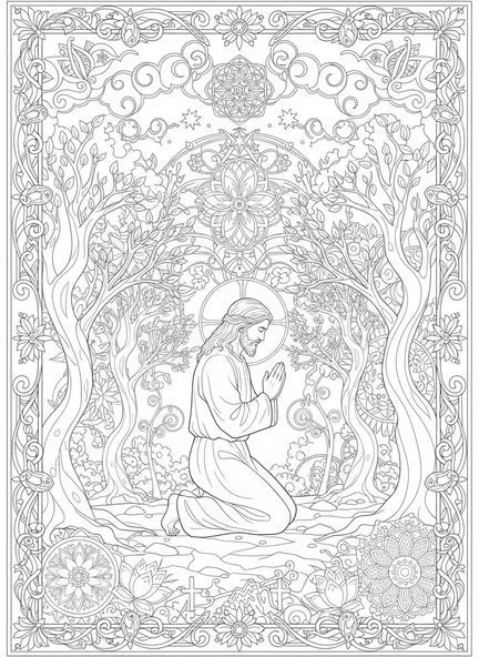Jesus betet in Gethsemane, Ausmalbild zur Passion Christi für Erwachsene im Stil des Bibel-Journaling