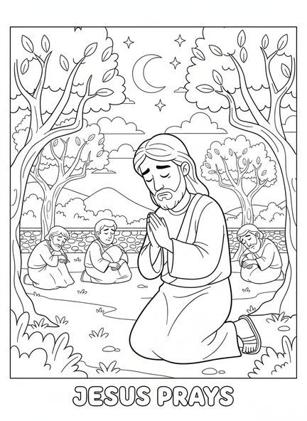 Jésus priant dans le jardin, page à colorier sur la Passion du Christ pour les enfants de 5 à 10 ans