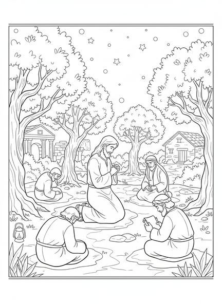 Jesus betet im Garten, Ausmalbild zur Passion Christi für Sonntagsschulkinder im Alter von 5-12 Jahren