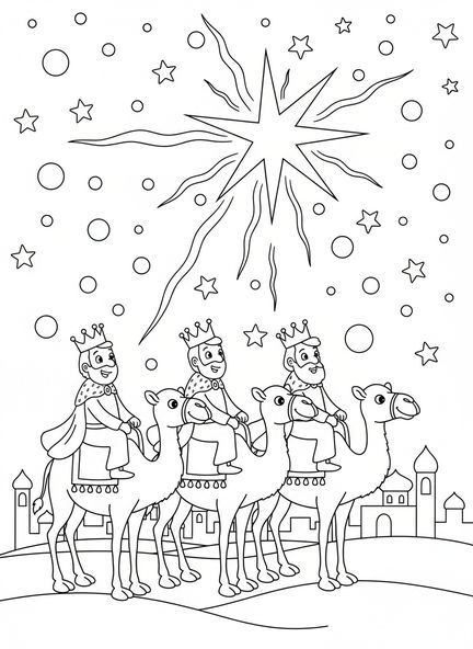 Drei Könige auf Kamelen, Ausmalbild zu Epiphanias für Kinder im Alter von 5-10 Jahren.