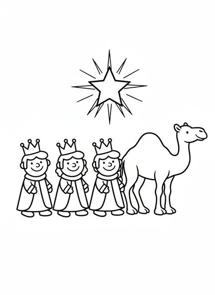 Drei lächelnde Könige, Ausmalbild zu den Heiligen Drei Königen für Vorschulkinder im Alter von 3-5 Jahren.