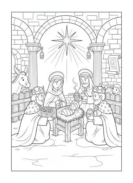 Drei Könige knien, Epiphanie Malvorlage für Kinder in der Sonntagsschule im Alter von 5-12 Jahren.