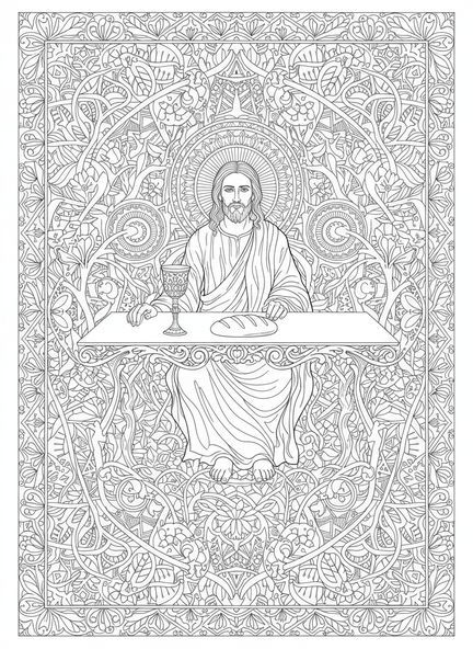 Jésus à la Dernière Cène, page à colorier du Calice et de l'Hostie pour adultes dans le style du journal biblique