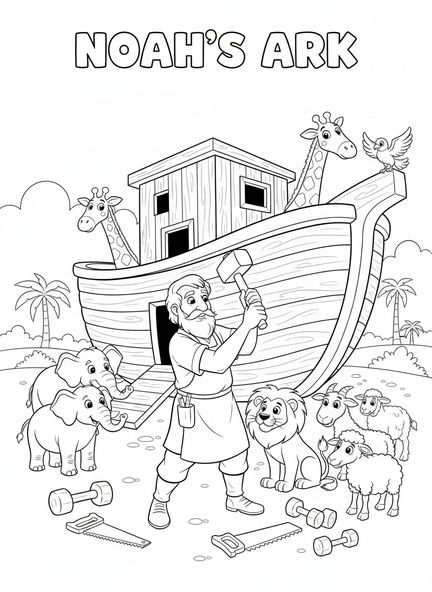 Noah, der Bretter nagelt, Ausmalbild zum Thema Glauben für Kinder im Alter von 5-10 Jahren