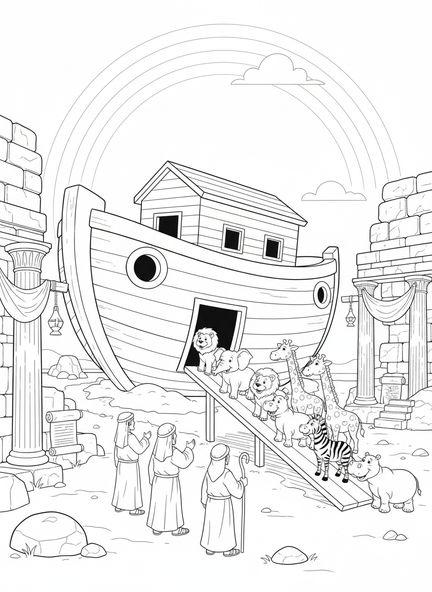 Elefanten und Löwen betreten die Arche, Ausmalbild zum Thema Glauben für Sonntagsschulkinder im Alter von 5-12 Jahren.