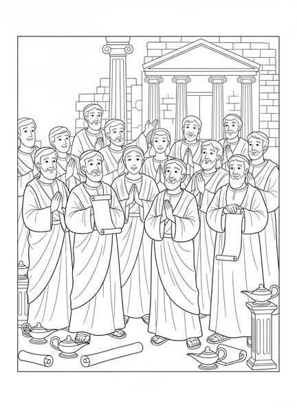 Groupe de saints, page à colorier pour la Toussaint destinée aux enfants de l'École du dimanche âgés de 5 à 12 ans.