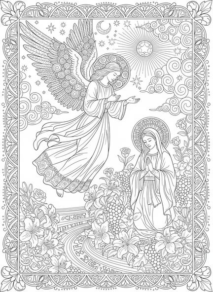 Engel Gabriel, Ausmalbild zum Fest der Verkündigung für Erwachsene im Stil des Bibeljournaling.