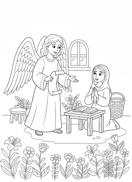 Engel erscheint Maria, Ausmalbild zum Fest der Verkündigung für Kinder im Alter von 5-10 Jahren.