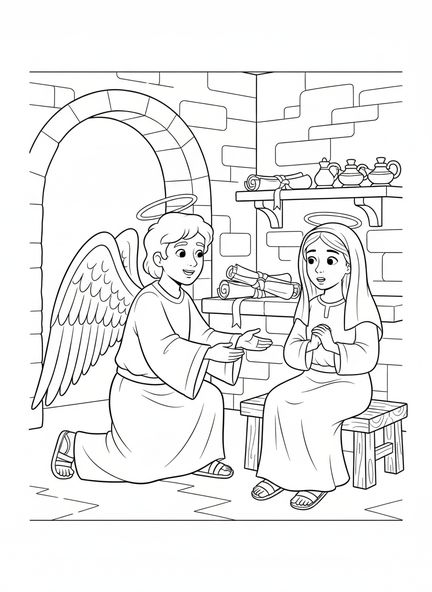Der Engel Gabriel besucht Maria, Ausmalbild zum Fest der Verkündigung für Sonntagsschulkinder im Alter von 5-12 Jahren