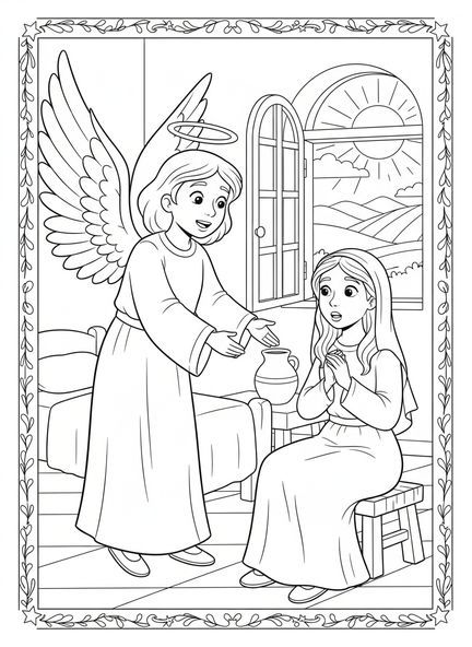 Página para colorear del ángel amigable, Fiesta de la Anunciación para niños de 5 a 10 años