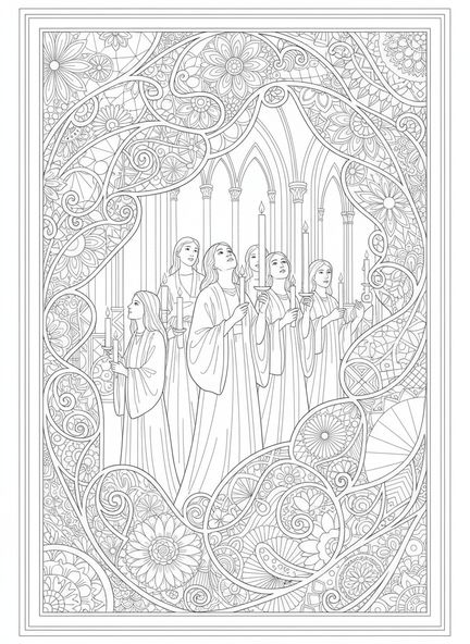 Groupe de fidèles tenant des bougies, page à colorier pour la Chandeleur dans un style de journal biblique pour adultes