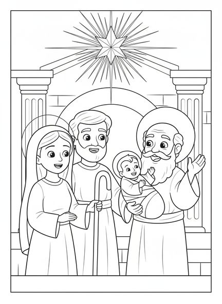 Simeon tenant joyeusement le bébé Jésus, page à colorier de la Chandeleur pour les enfants de 5 à 10 ans