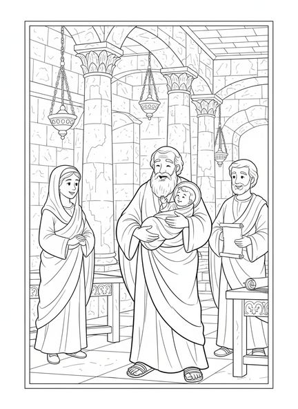 Simeón sosteniendo a Jesús, página para colorear de la Candelaria para niños de Escuela Dominical de 5 a 12 años.