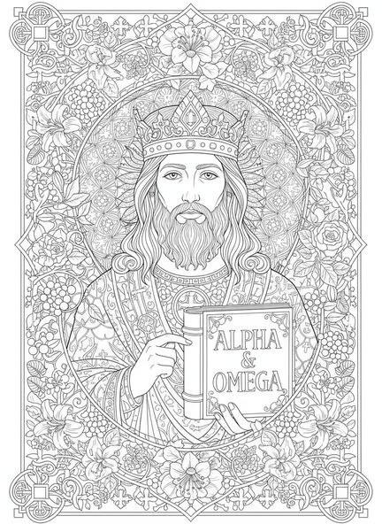 Figura majestuosa de Cristo, página para colorear del Domingo de Cristo Rey en estilo de journaling bíblico para adultos.