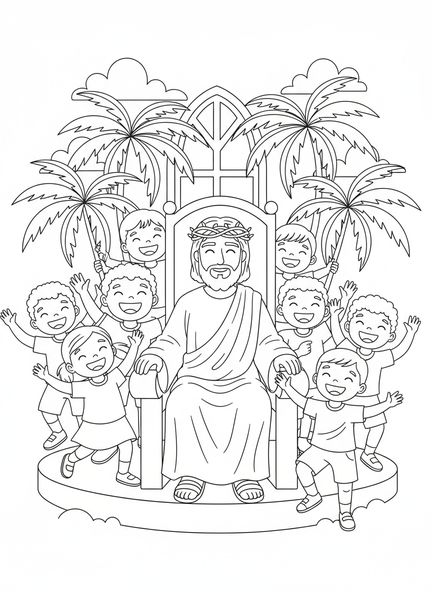 Jesús en un trono, página para colorear de Cristo Rey para niños de 5 a 10 años