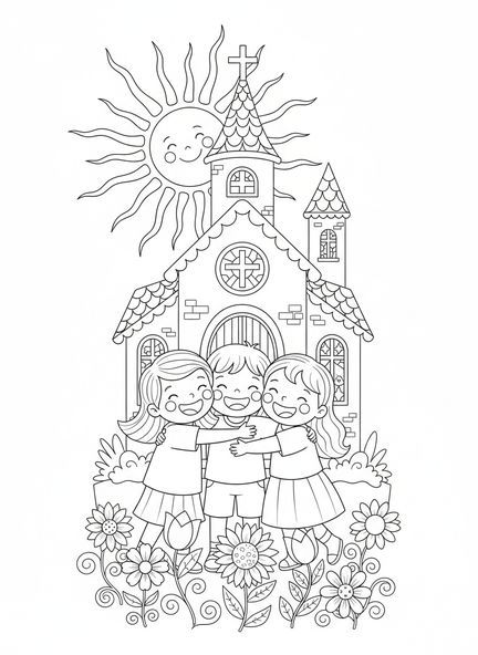 Niños abrazándose frente a la iglesia, página para colorear del Domingo de la Divina Misericordia para niños de 5 a 10 años