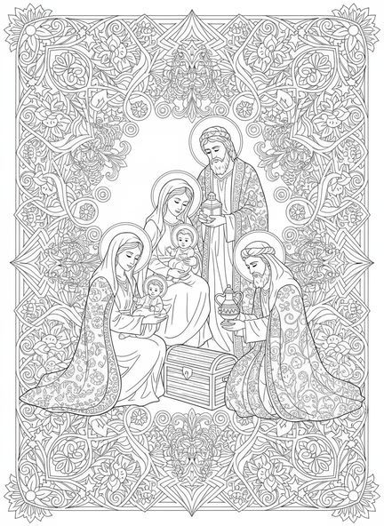 Trois rois mages, page à colorier pour la fête de l'Épiphanie dans un style de journal biblique pour adultes.
