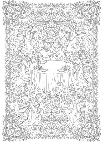 Reunião angelical, página de colorir da Festa da Assunção para adultos no estilo de journaling bíblico