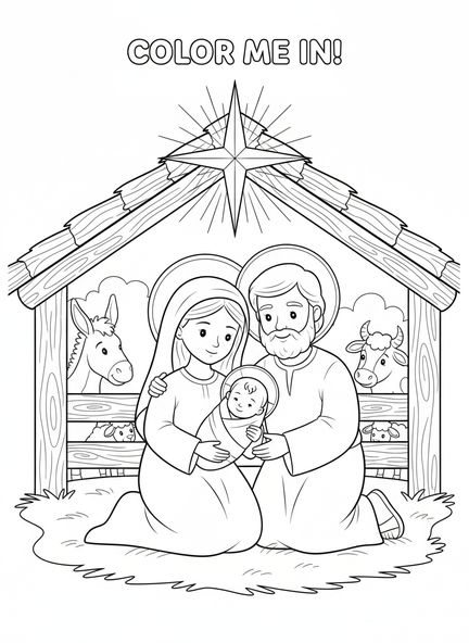 Maria, José e o bebê Jesus, página para colorir da Festa da Sagrada Família para crianças de 5 a 10 anos