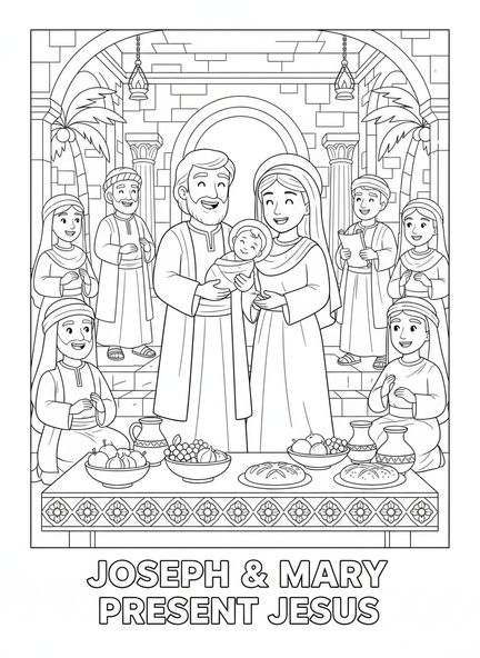 José e Maria com o bebê Jesus, página para colorir da Festa da Sagrada Família para crianças da Escola Dominical de 5 a 12 anos.