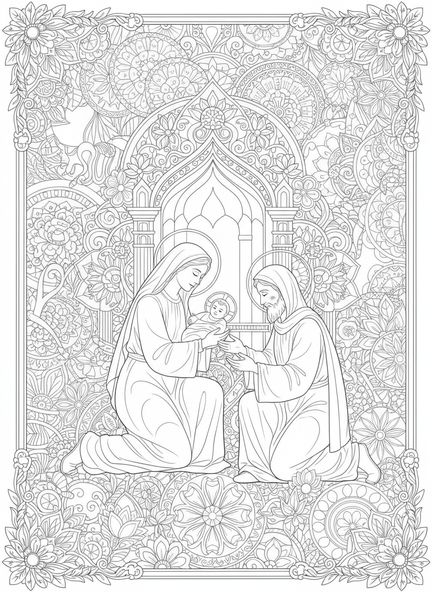 Maria und Josef mit dem Baby Jesus, Ausmalbild zur Darstellung im Tempel für Erwachsene im Stil des Bibel-Journalings.