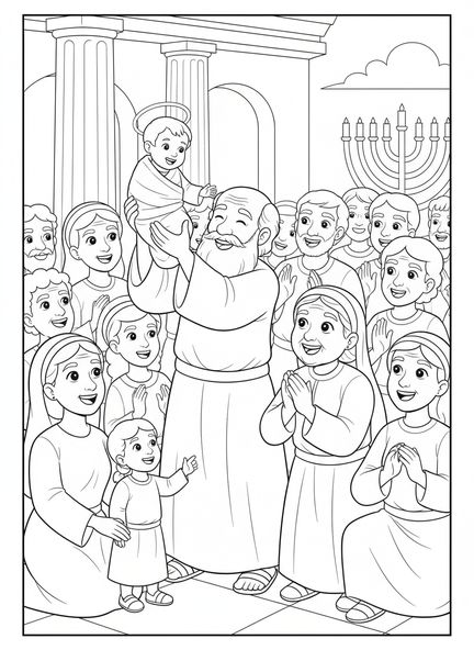 Anna und Simeon, Ausmalbild zum Fest der Darstellung für Kinder im Alter von 5-10 Jahren