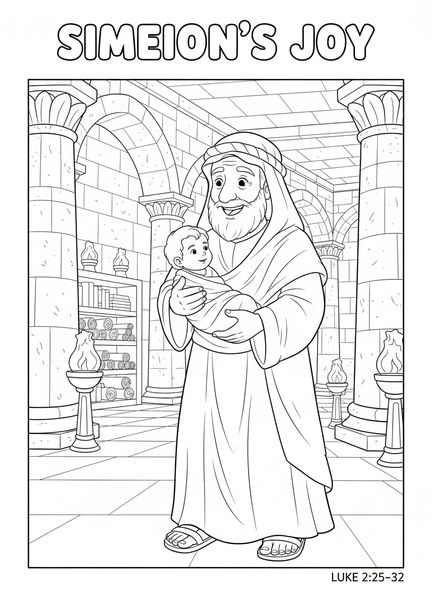 Simeon hält das Baby Jesus, Ausmalbild für die Feier der Darstellung für Kinder in der Sonntagsschule im Alter von 5-12 Jahren.