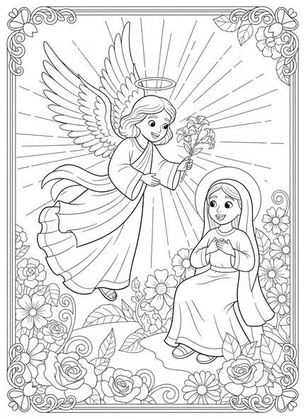 Ange avec lumière éclatante, page à colorier de l'Immaculée Conception pour enfants de 5 à 10 ans