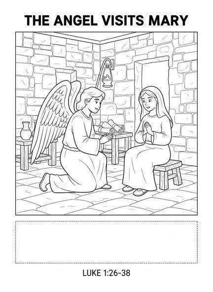 Ange visitant Marie, page à colorier de l'Immaculée Conception pour les enfants de l'École du dimanche âgés de 5 à 12 ans