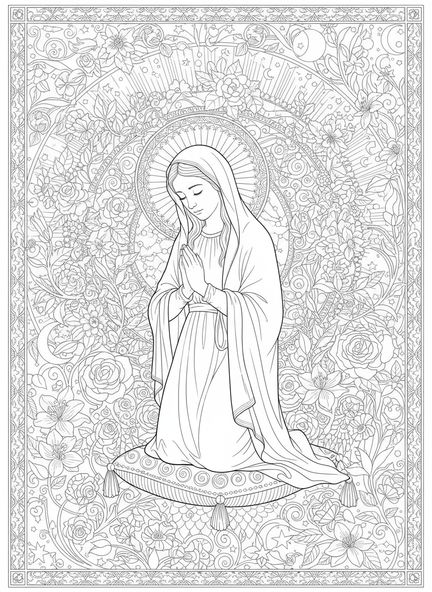 Marie en prière, page à colorier de la Solennité de Marie pour adultes dans un style de journal biblique.