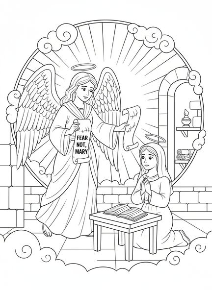 Un ange apparaissant à Marie, page à colorier de la Solennité de Marie pour les enfants de l'École du dimanche âgés de 5 à 12 ans.