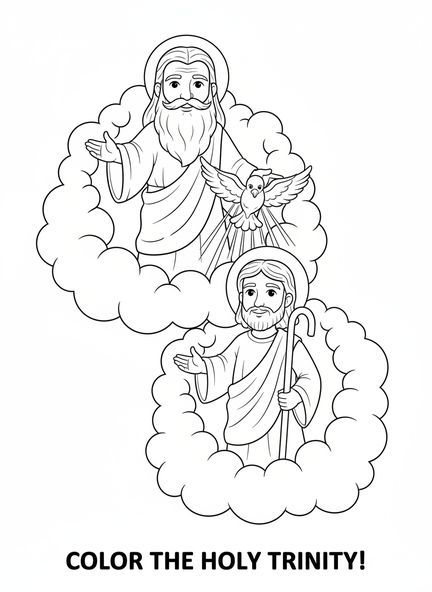 Figuras de dibujos animados del Padre, Hijo y Espíritu Santo, página para colorear del Domingo de la Trinidad para niños de 5 a 10 años.