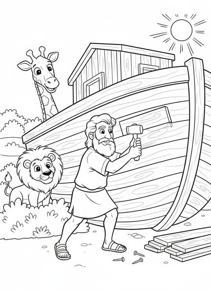 Neugierige Tiere beobachten Noah, Ausmalbild von Noahs Arche für Kinder im Alter von 5-10 Jahren