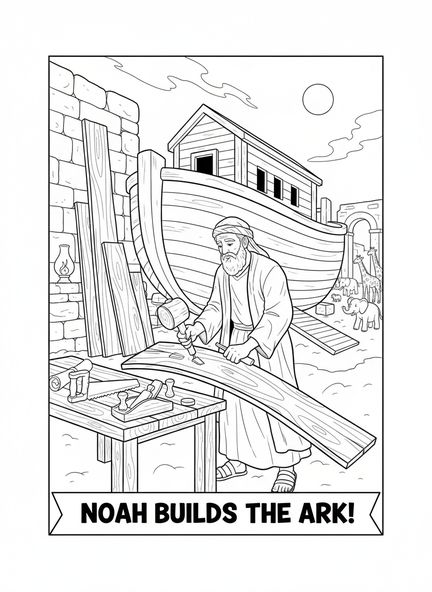 Noah, der Holzplanken zusammenhämert, Ausmalbild mit dem christlichen Fischaufkleber für Kinder in der Sonntagsschule im Alter von 5-12 Jahren.