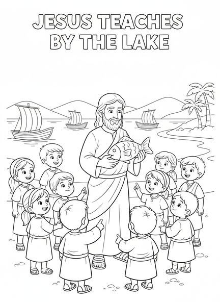 Jesus lehrt Kinder über Fische, Fisch Ichthys Malvorlage für Kinder im Alter von 5-10 Jahren