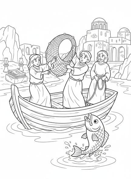 Fischer auf einem Boot, Fisch Ichthys Ausmalbild für die Sonntagsschule Kinder im Alter von 5-12 Jahren