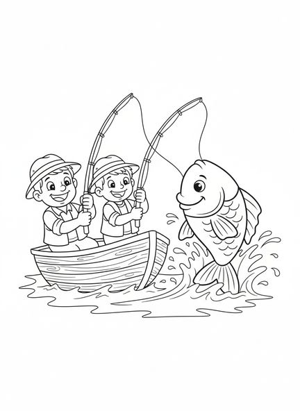Zwei Cartoon-Fischer, Ichthys-Fisch Ausmalbild für Kinder im Alter von 5-10 Jahren.