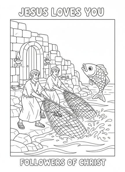 Zwei Cartoon-Fischer, Ichthys-Fisch Ausmalbild für die Sonntagsschule Kinder im Alter von 5-12 Jahren.