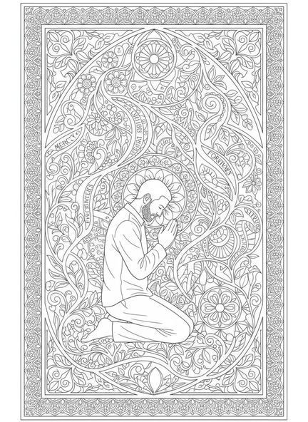 Homem ajoelhado, página para colorir com tema de Perdão da Bíblia no estilo de journaling bíblico para adultos.