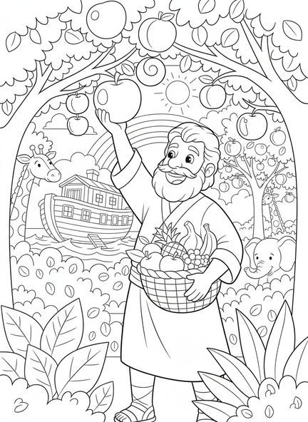 Noé coletando frutas, página de colorir Alegria das Frutas para crianças de 5 a 10 anos.