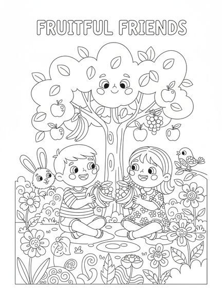 Crianças alegres compartilhando frutas, página para colorir sobre Bondade Frutífera para crianças de 5 a 10 anos.