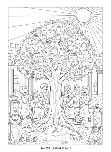 Crianças plantando a Árvore do Espírito, página para colorir sobre o Fruto do Espírito para crianças da Escola Dominical de 5 a 12 anos.
