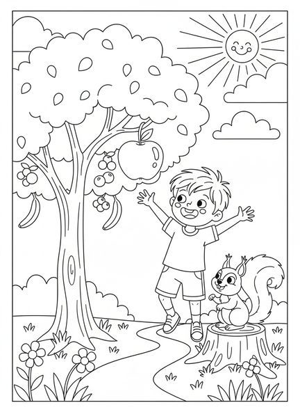 Kind greift nach Früchten, Ausmalbild zur Selbstbeherrschung für Kinder im Alter von 5-10 Jahren