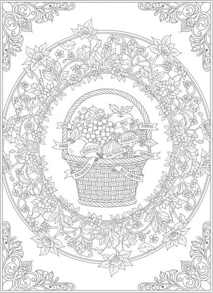 Cesta de frutas ornamentada, Frutos do Espírito, página para colorir estilo Bíblia para adultos
