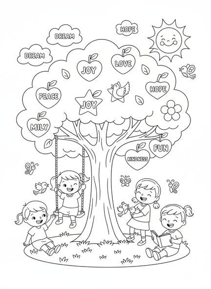 Großer Baum mit Früchten, Früchte des Geistes Ausmalbild für Kinder im Alter von 5-10 Jahren