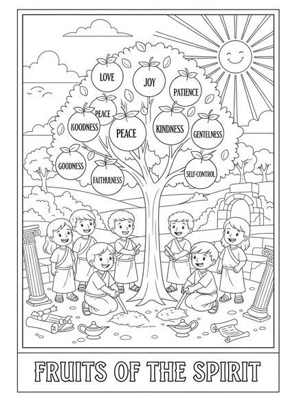 Crianças plantando uma árvore frutífera, página para colorir sobre os Frutos do Espírito para crianças da Escola Dominical de 5 a 12 anos.