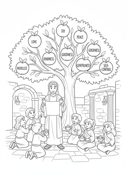 Árvore com frutos identificados, Galátas 5:22 página de colorir Fruto do Espírito para crianças de 5 a 12 anos na Escola Dominical