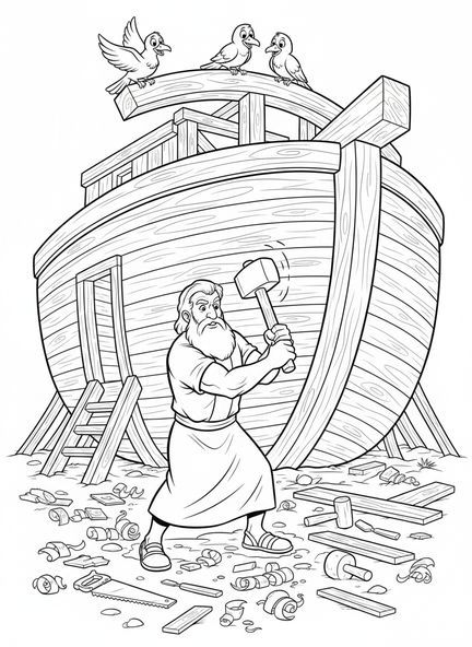 Noah, der Planken hämmern, Ausmalbild von Noahs Arche für Kinder im Alter von 5-10 Jahren.