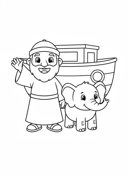 Lächelnder Noah und die Arche, Ausmalbild von Noahs Arche für Vorschulkinder im Alter von 3-5 Jahren