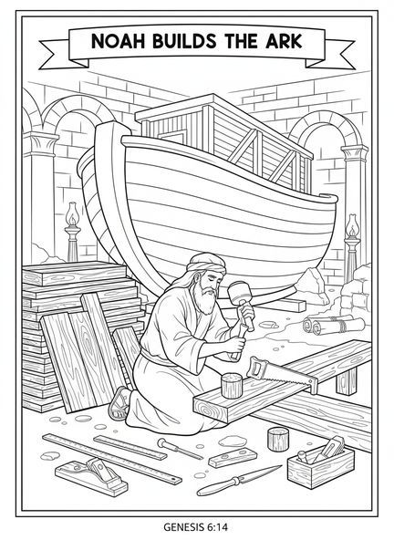 Noah arbeitet am Schiff, Ausmalbild von Noahs Arche für Kinder im Alter von 5-12 Jahren in der Sonntagsschule.